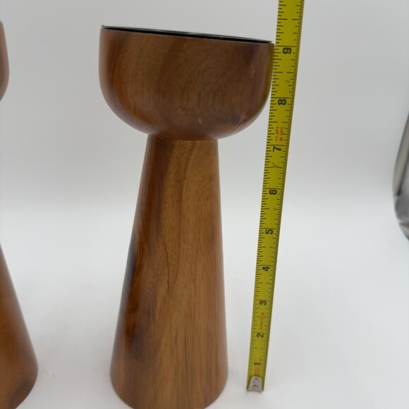 Mid-Century Tall Woodgrain Modern Candle Holders Black Inserts Set of 2 Decor - Picture 5 of 7